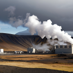 A geothermal power plant in Iceland, with steam rising from the ground and the surrounding landscape. Focus on the contrast between the natural environment and the industrial facility.