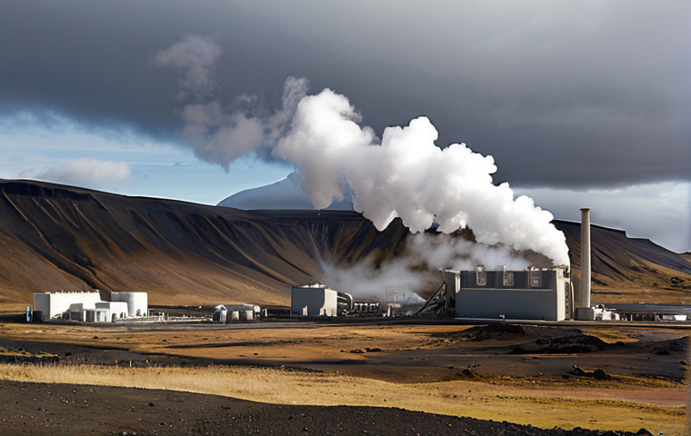 A geothermal power plant in Iceland, with steam rising from the ground and the surrounding landscape. Focus on the contrast between the natural environment and the industrial facility.