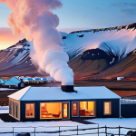 **

A panoramic view of Iceland showcasing geothermal energy. Include steaming geothermal plants against a backdrop of glaciers and volcanoes. In the foreground, depict a modern Icelandic home heated with geothermal energy, snow on the roof, warm light from the windows. Emphasize the blend of technology and nature. Style: Photorealistic, vibrant colors, sharp focus.

**