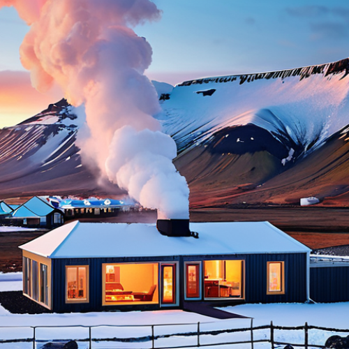 Home 6 **
A panoramic view of Iceland showcasing geothermal energy. Include steaming geothermal plants against a backdrop of glaciers and volcanoes. In the foreground, depict a modern Icelandic home heated with geothermal energy, snow on the roof, warm light from the windows. Emphasize the blend of technology and nature. Style: Photorealistic, vibrant colors, sharp focus.
**