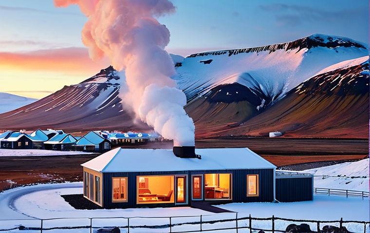 **
A panoramic view of Iceland showcasing geothermal energy. Include steaming geothermal plants against a backdrop of glaciers and volcanoes. In the foreground, depict a modern Icelandic home heated with geothermal energy, snow on the roof, warm light from the windows. Emphasize the blend of technology and nature. Style: Photorealistic, vibrant colors, sharp focus.
**